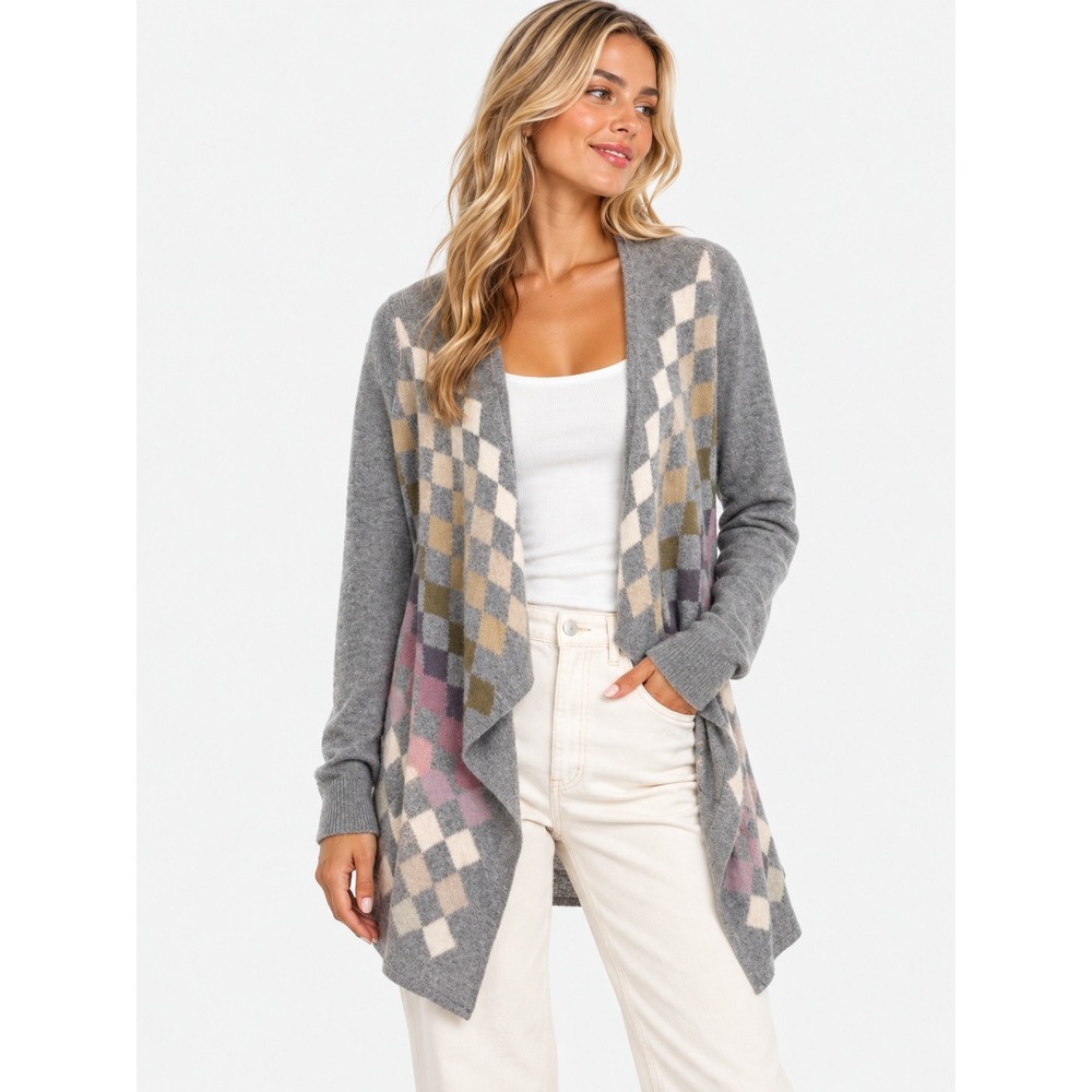 Stile Benetton Wool Blend Argyle Waterfall Open Front Cardigan Gray Small